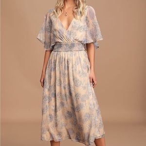 LULUS Subtle Romance Beige Floral Print Ruffled Midi Party Dress